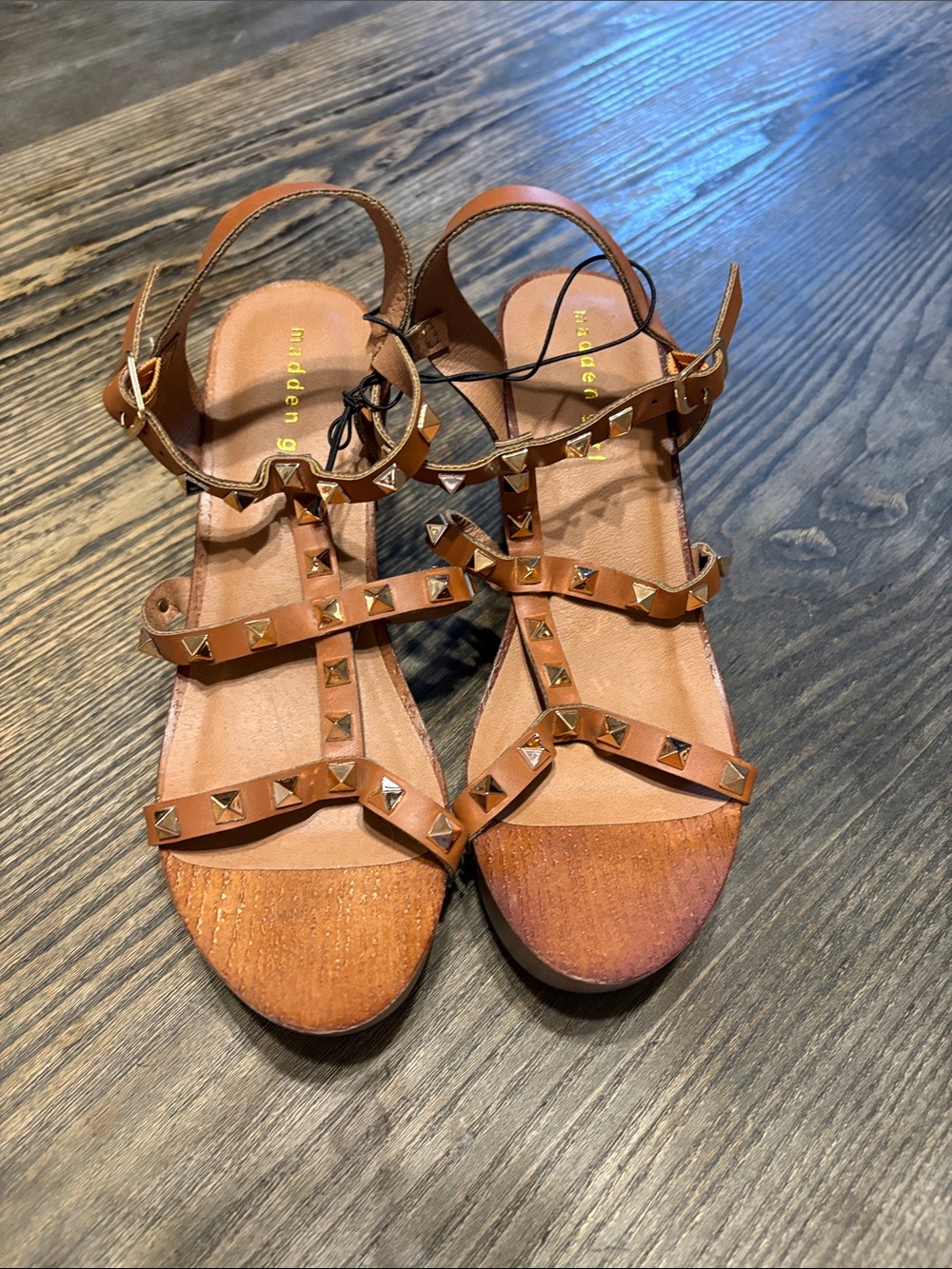 Madden Girl Tan Pyramid-Stud Strappy Sandals